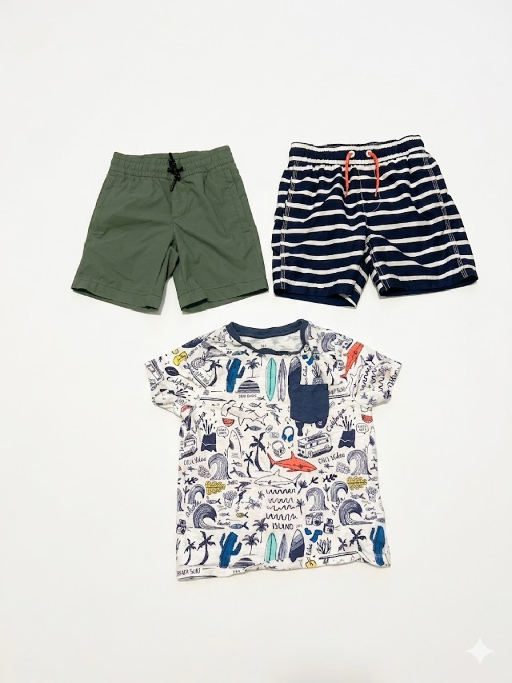 GAP Boys Green Shorts, Navy Stripe Shorts & Nautical Graphic Tee